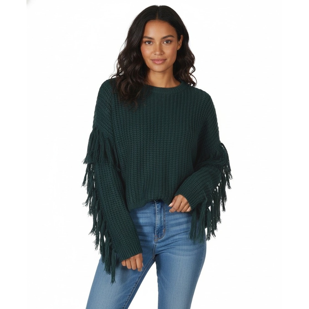 NWT &merci Fringe Sleeve Shaker Knit Pullover Sweater Green Boho Western Size L